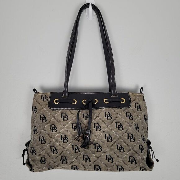Dooney & Bourke Tassel Tote Shoulder Bag Signature Beige Tan Black - Picture 1 of 15
